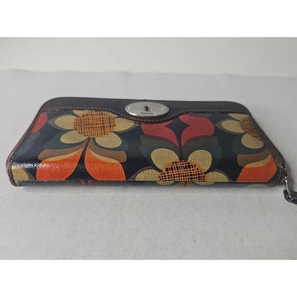 FOSSIL Key•Per Zip Around Wallet Clutch Fall Flowers Coated Canvas 8"x4" - Picture 2 of 15